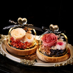 Twin Hearts - Preserved Sunflower & Rose Glass Dome Gift Set, Dried Flower Arrangement