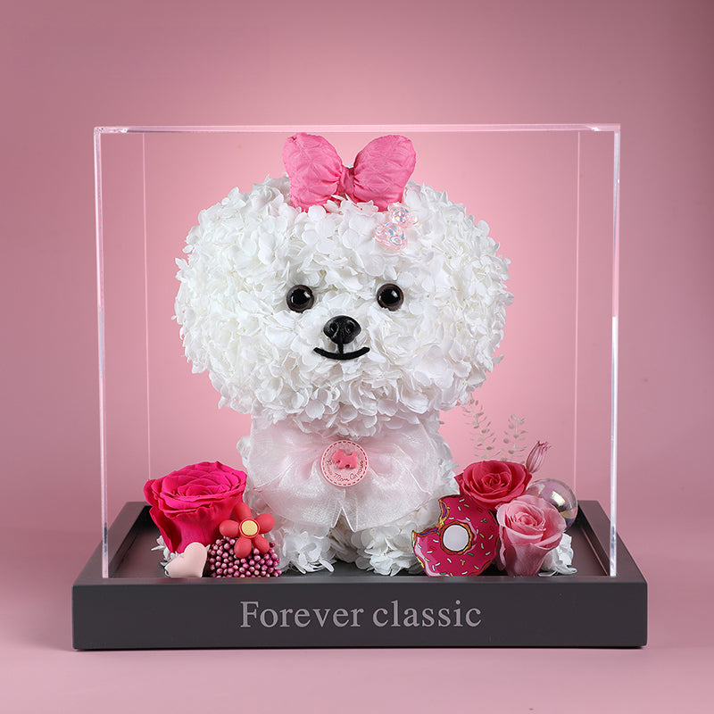 Bichon Frise & Maltese – Eternal Floral Preserved Flower Gift Box with Dog Figurine