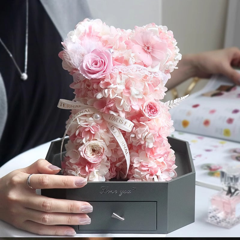 Hydrangea Bear - Eternal Rose Flower Arrangement Gift for Her