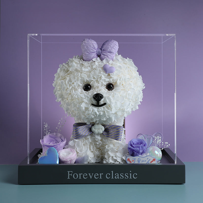 Bichon Frise & Maltese – Eternal Floral Preserved Flower Gift Box with Dog Figurine