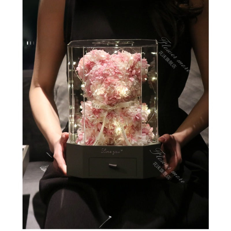 Hydrangea Bear - Eternal Rose Flower Arrangement Gift for Her