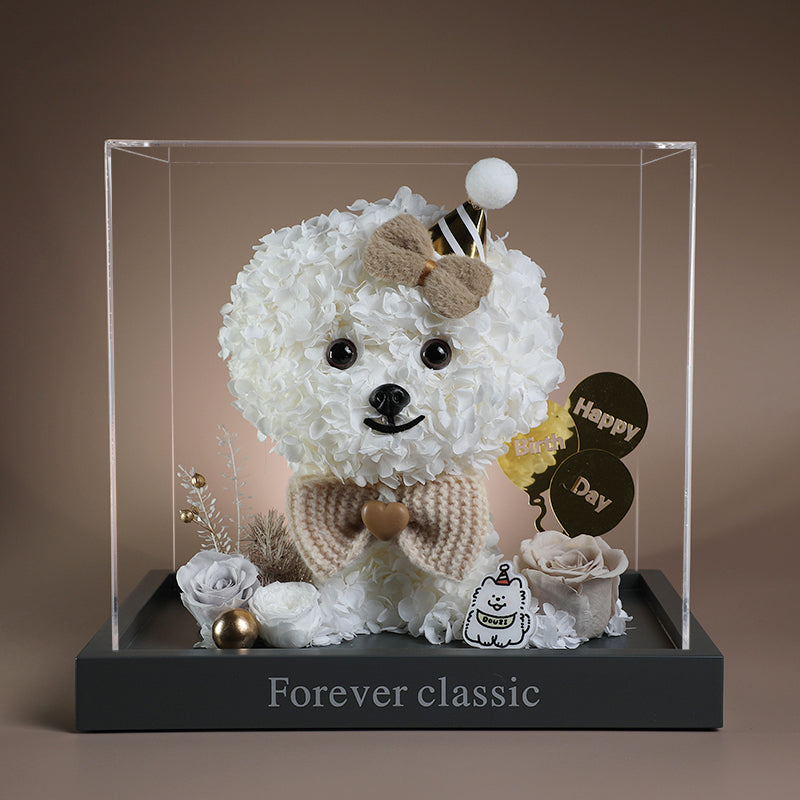 Bichon Frise & Maltese – Eternal Floral Preserved Flower Gift Box with Dog Figurine