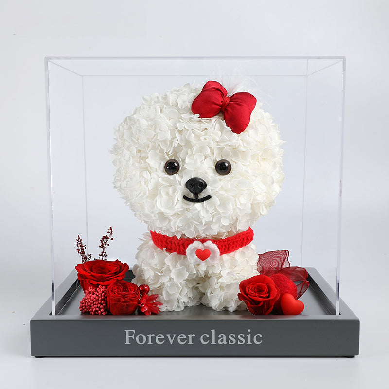 Bichon Frise & Maltese – Eternal Floral Preserved Flower Gift Box with Dog Figurine