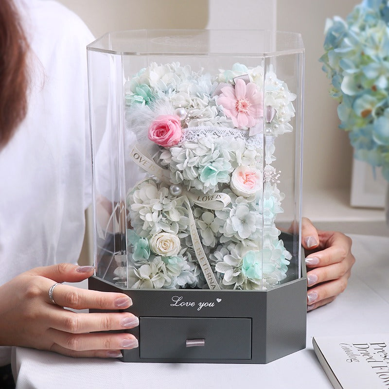 Hydrangea Bear - Eternal Rose Flower Arrangement Gift for Her