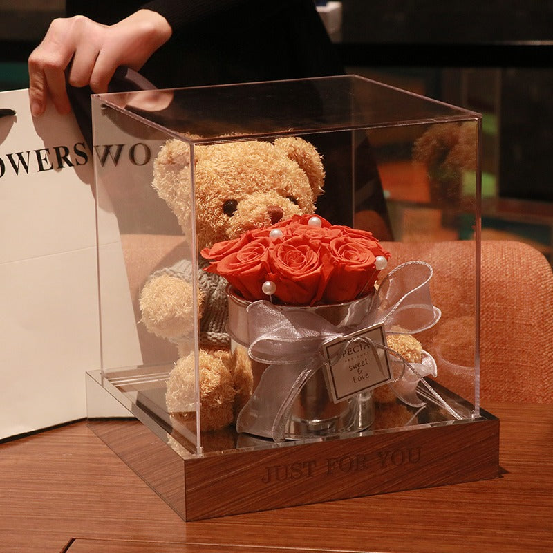 Teddy Bear - Eternal Rose Flower Bouquet Gift Box for Birthday, Valentine's Day