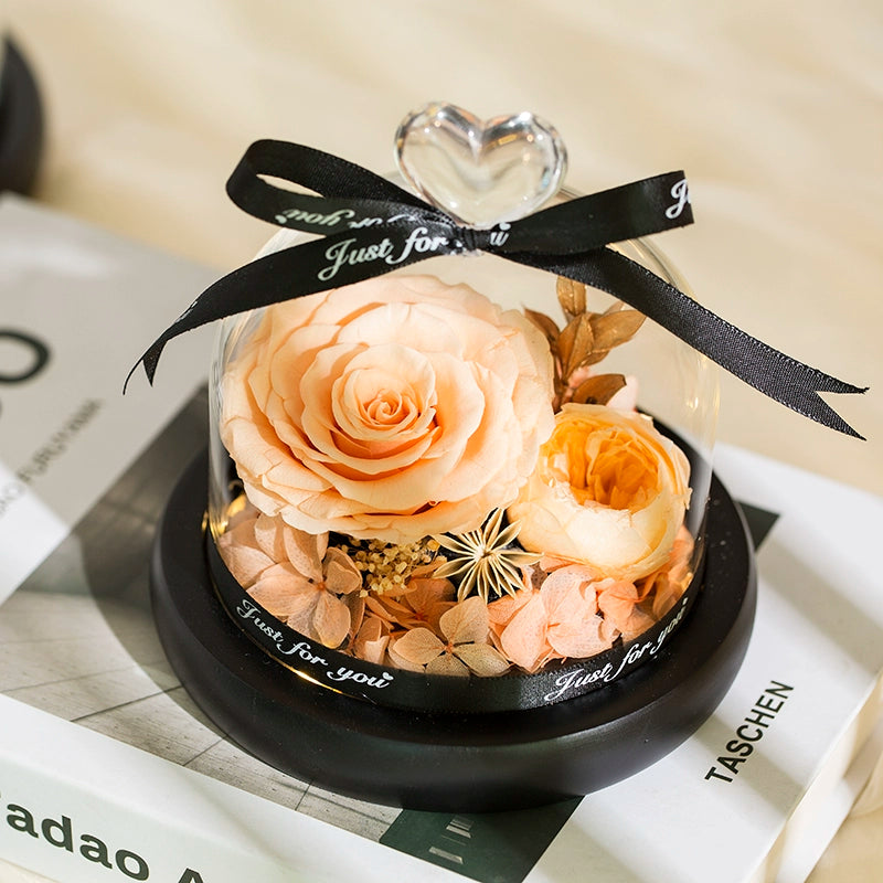 Twin Hearts - Preserved Sunflower & Rose Glass Dome Gift Set, Dried Flower Arrangement