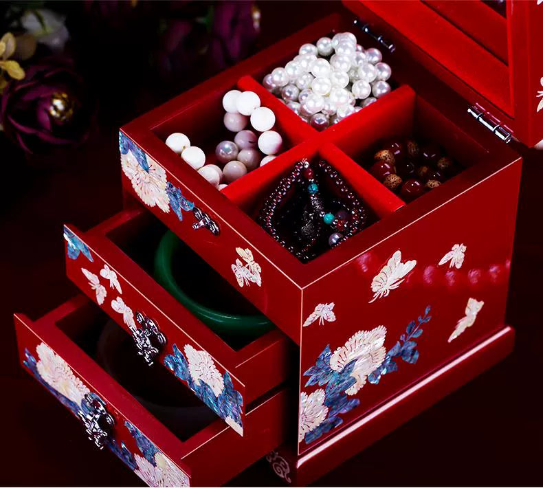 Handcrafted Exquisite Chinese Traditional Three-Tier Wooden Jewelry Box