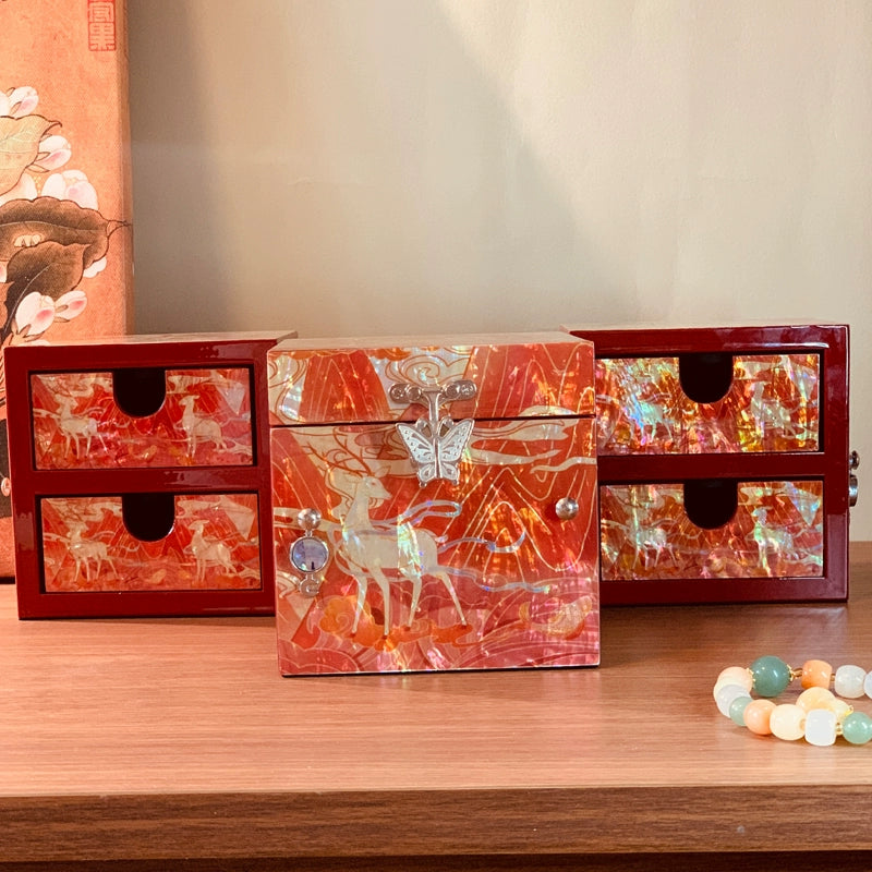 Exquisite Chinese-style Three-Drawer Nine-Colored Deer Jewelry Box