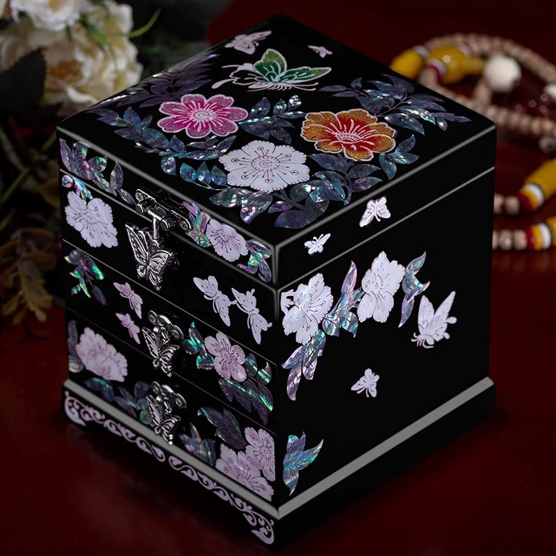 Handcrafted Exquisite Chinese Traditional Three-Tier Wooden Jewelry Box