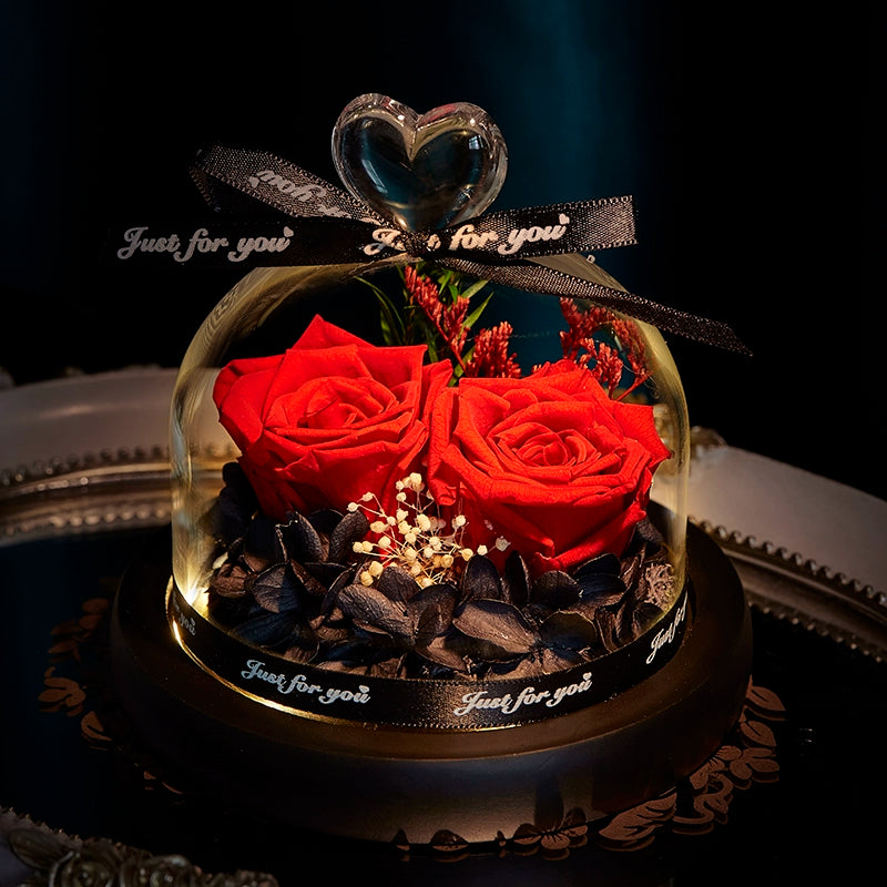 Twin Hearts - Preserved Sunflower & Rose Glass Dome Gift Set, Dried Flower Arrangement
