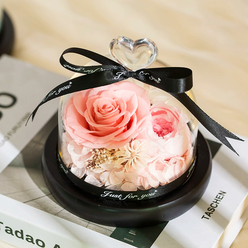 Twin Hearts - Preserved Sunflower & Rose Glass Dome Gift Set, Dried Flower Arrangement