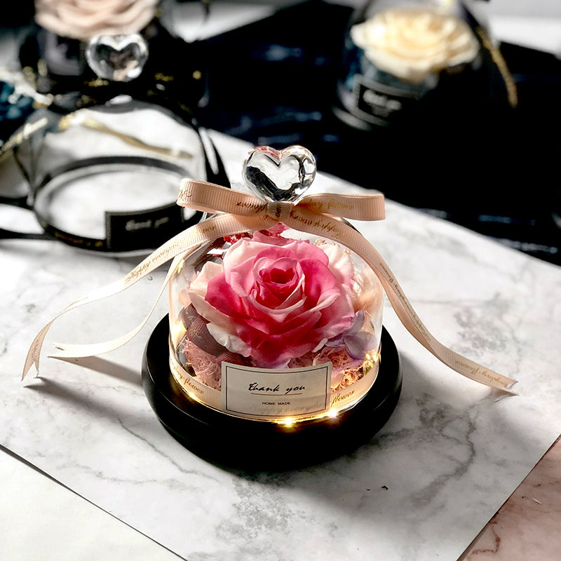 Twin Hearts - Preserved Sunflower & Rose Glass Dome Gift Set, Dried Flower Arrangement