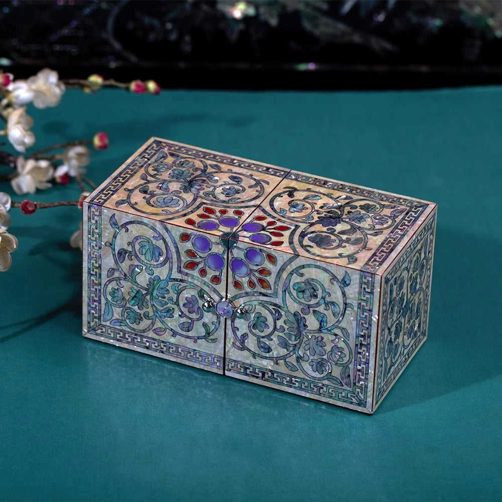 Exquisite Chinese Double Door Jewelry Box - Handcrafted Floral Storage Case