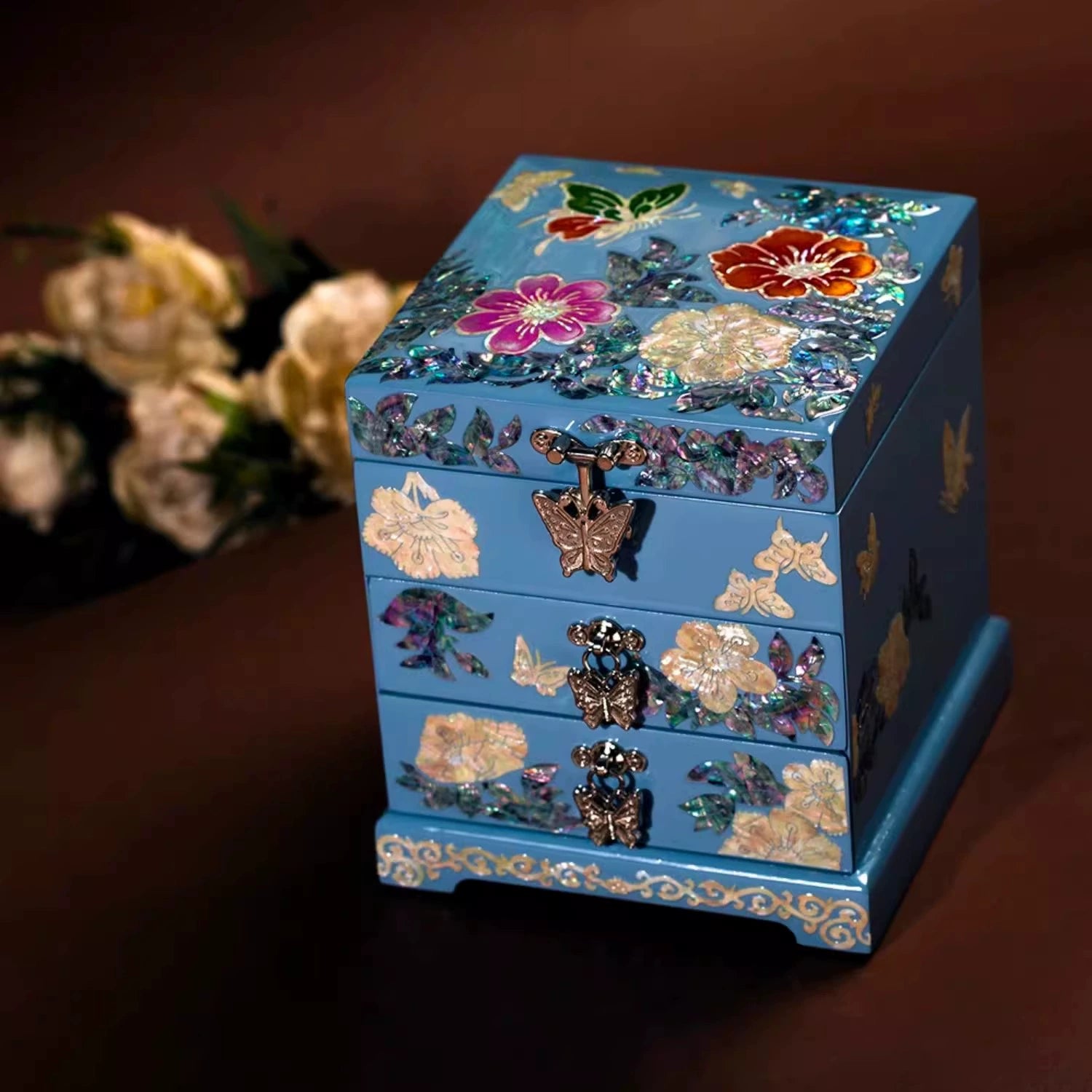 Handcrafted Exquisite Chinese Traditional Three-Tier Wooden Jewelry Box