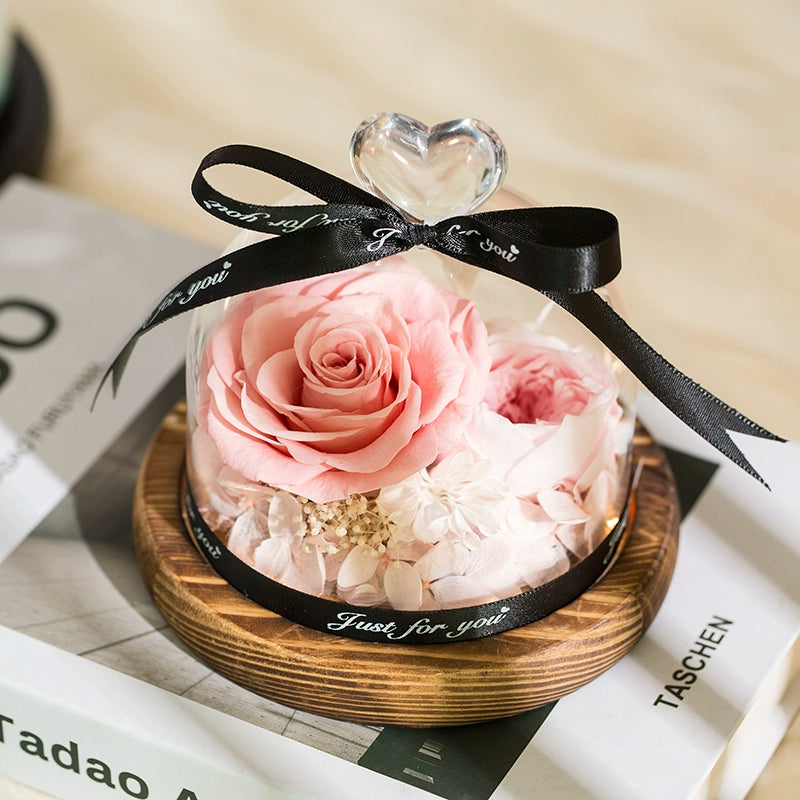 Twin Hearts - Preserved Sunflower & Rose Glass Dome Gift Set, Dried Flower Arrangement