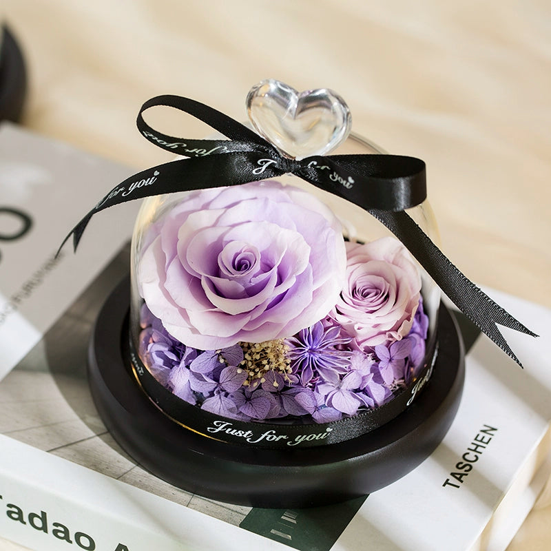 Twin Hearts - Preserved Sunflower & Rose Glass Dome Gift Set, Dried Flower Arrangement