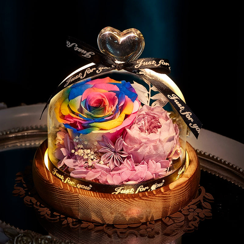 Twin Hearts - Preserved Sunflower & Rose Glass Dome Gift Set, Dried Flower Arrangement