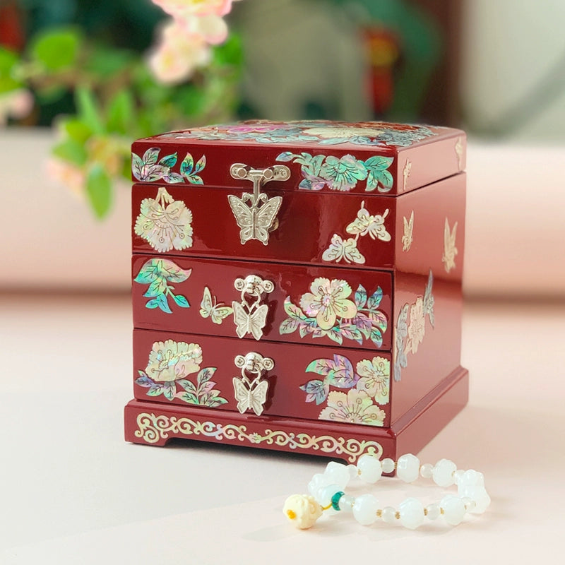 Handcrafted Exquisite Chinese Traditional Three-Tier Wooden Jewelry Box