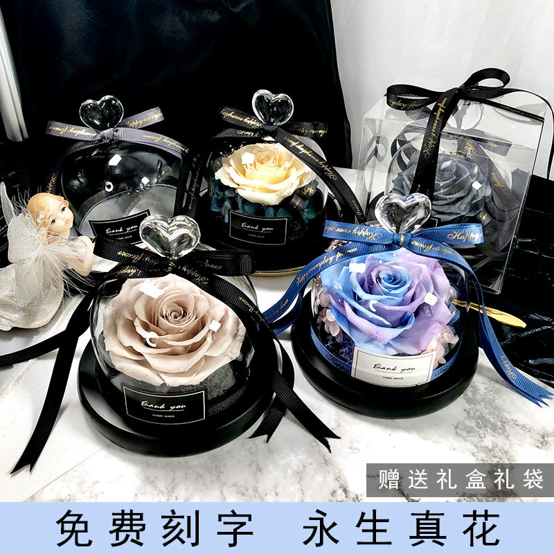 Twin Hearts - Preserved Sunflower & Rose Glass Dome Gift Set, Dried Flower Arrangement