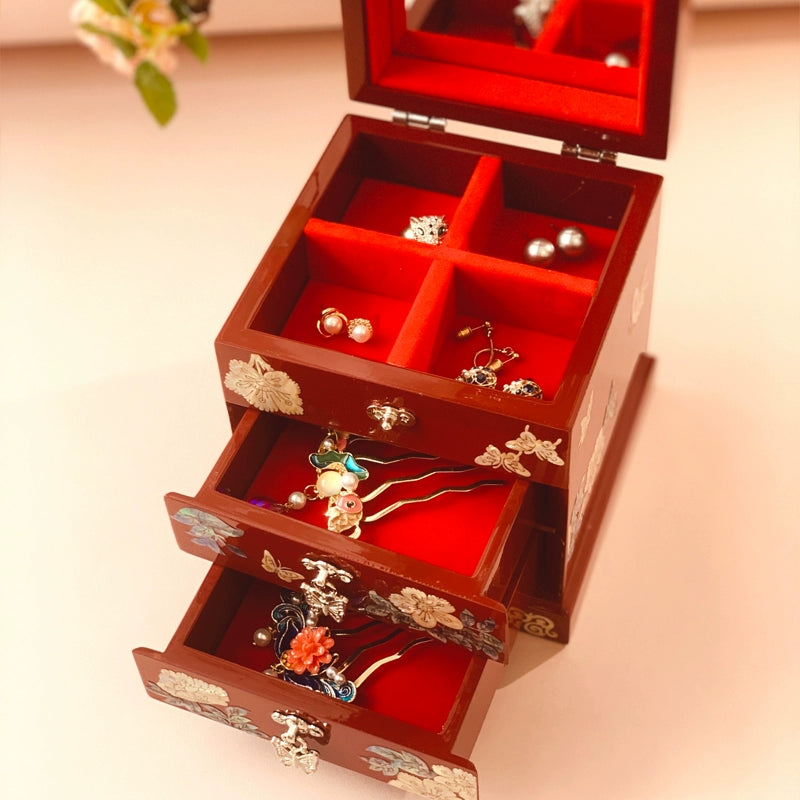 Handcrafted Exquisite Chinese Traditional Three-Tier Wooden Jewelry Box