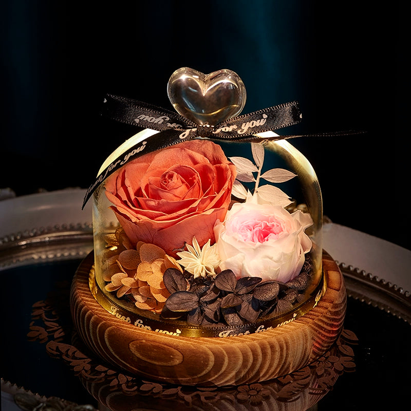 Twin Hearts - Preserved Sunflower & Rose Glass Dome Gift Set, Dried Flower Arrangement