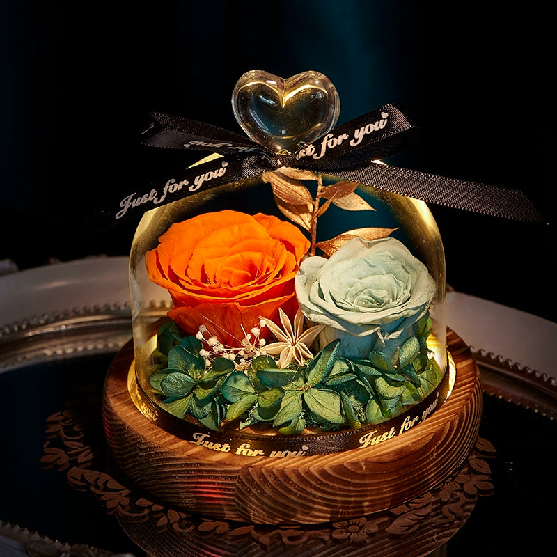 Twin Hearts - Preserved Sunflower & Rose Glass Dome Gift Set, Dried Flower Arrangement