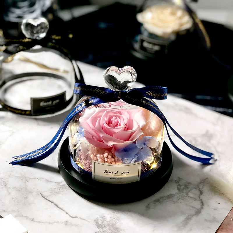 Twin Hearts - Preserved Sunflower & Rose Glass Dome Gift Set, Dried Flower Arrangement