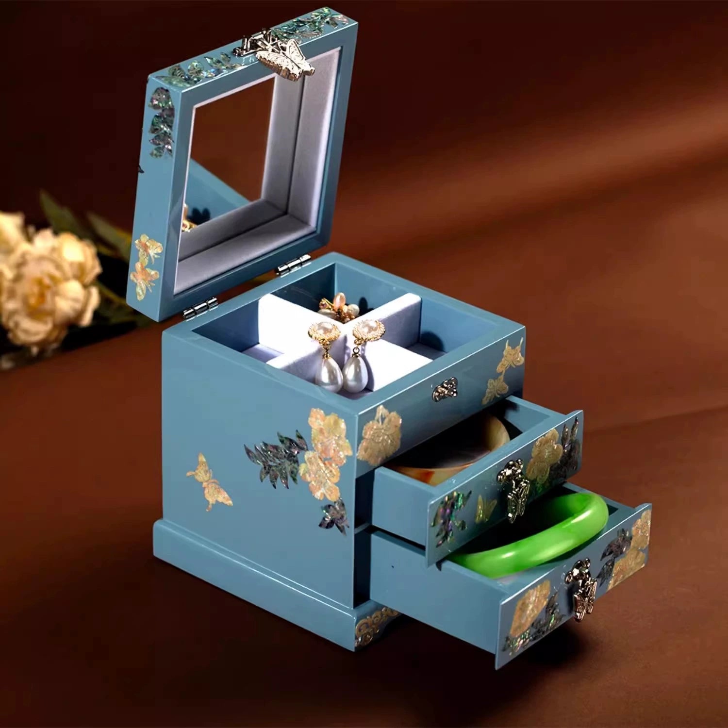 Handcrafted Exquisite Chinese Traditional Three-Tier Wooden Jewelry Box