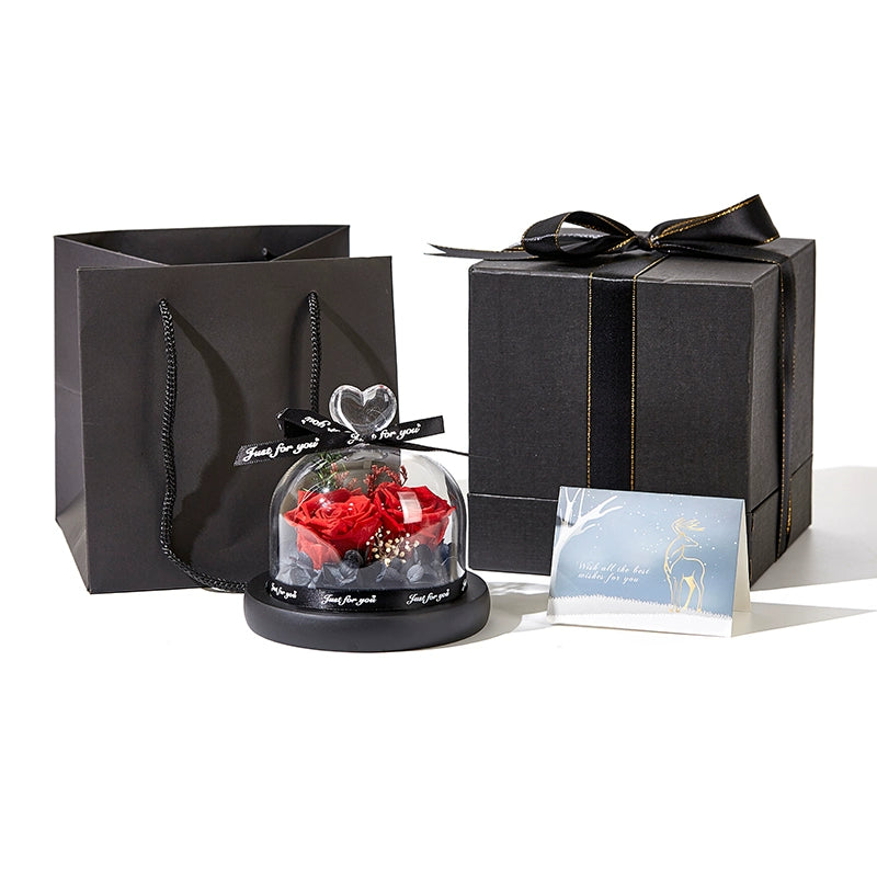 Twin Hearts - Preserved Sunflower & Rose Glass Dome Gift Set, Dried Flower Arrangement