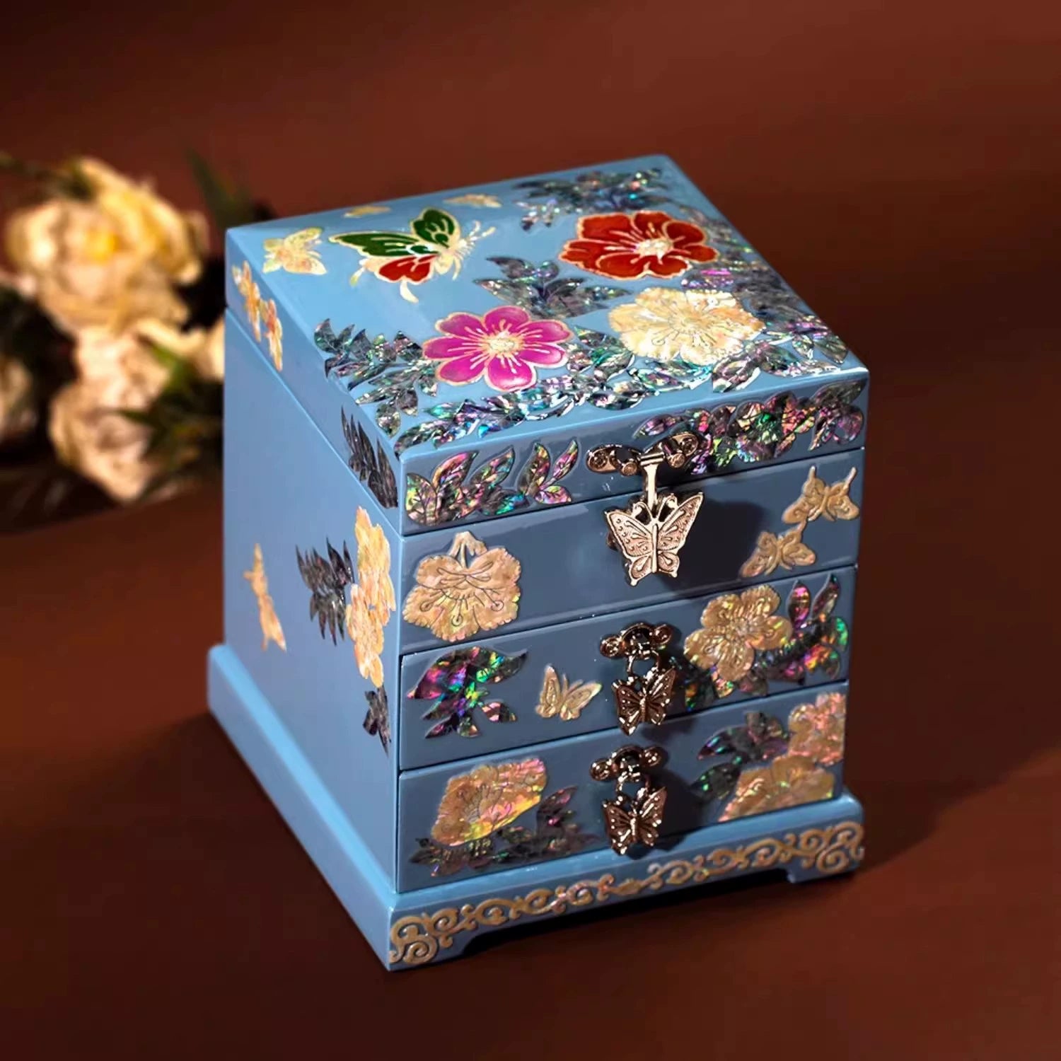 Handcrafted Exquisite Chinese Traditional Three-Tier Wooden Jewelry Box