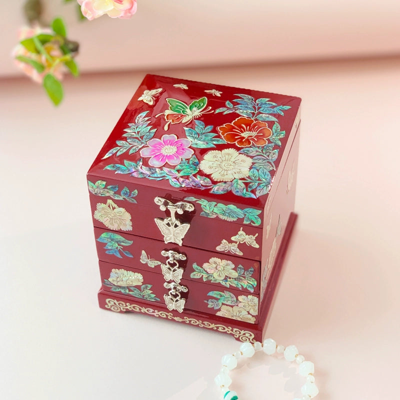 Handcrafted Exquisite Chinese Traditional Three-Tier Wooden Jewelry Box