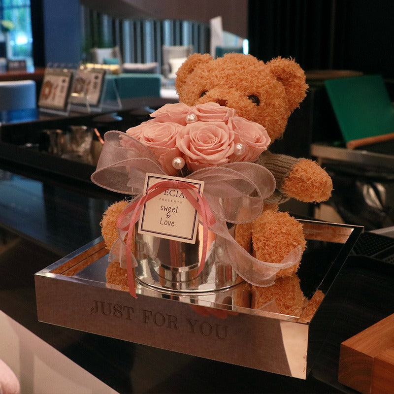 Teddy Bear - Eternal Rose Flower Bouquet Gift Box for Birthday, Valentine's Day