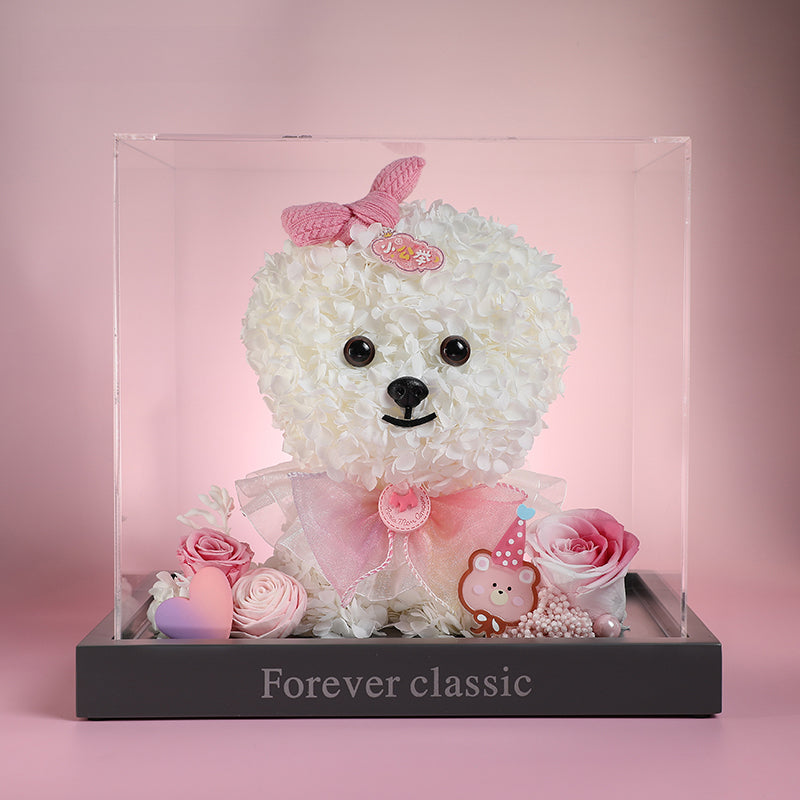 Bichon Frise & Maltese – Eternal Floral Preserved Flower Gift Box with Dog Figurine